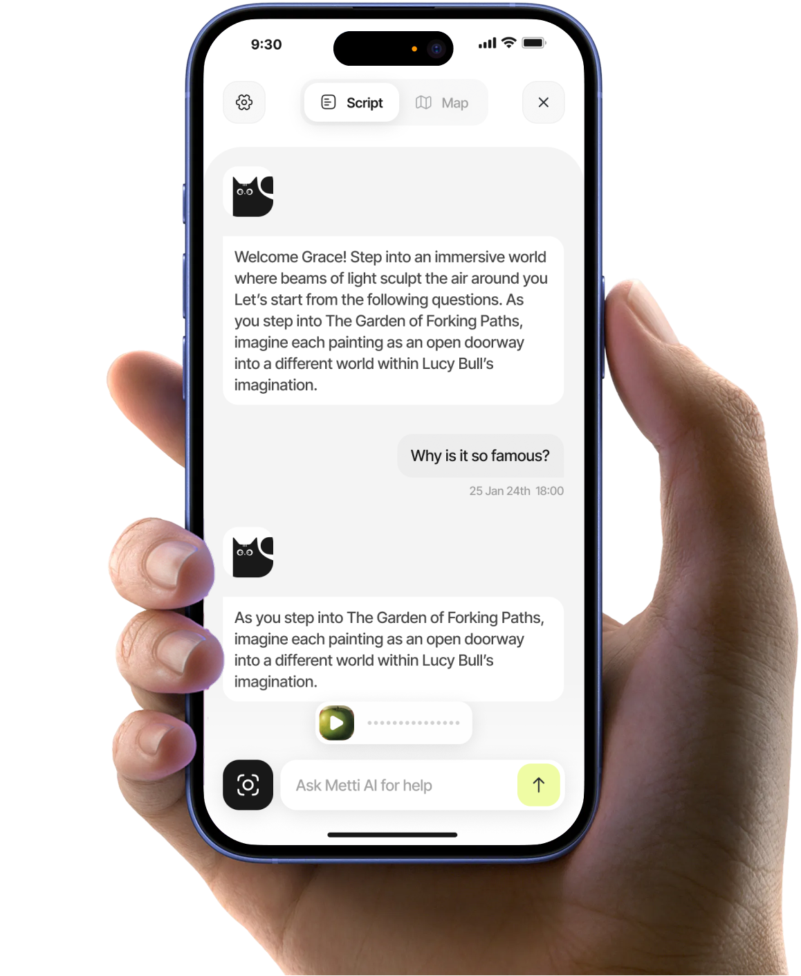 Hand holding phone with artwork recognition screen